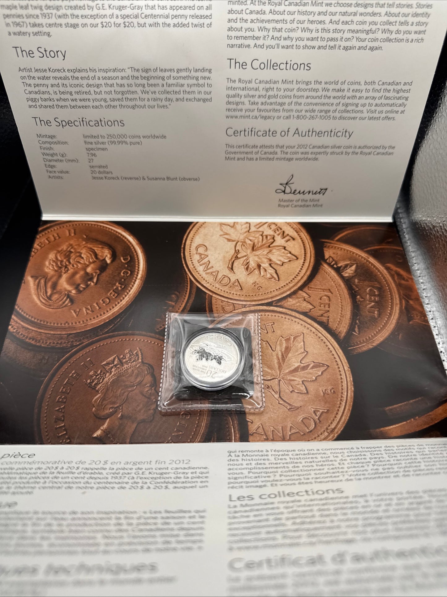 2012 Royal Canadian Mint RCM $20 .9999 Fine Silver Canada Farewell to the Penny